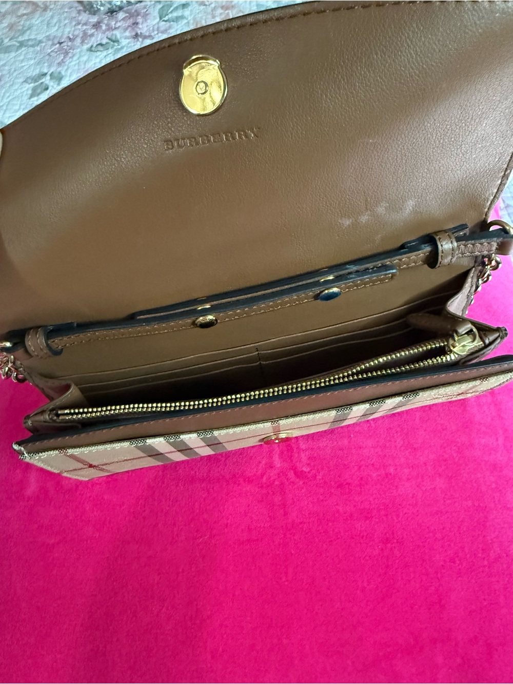 Burberry Brown Leather & Beige Check Crossbody Bag with Gold Chain - Picture 2 of 9